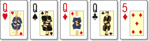 un Carré><BR><BR>Quatre cartes du même grade et la cinquième carte étant la plus haute carte éligible.<BR><BR>A égalité avec : s'il y en a au moins deux dans une main, la plus haute quatre d'une sorte gagne. Si les jeux utilisaient les cartes de communauté pour faire le carré, la plus haute cinquième carte par le grade (l'acolyte) les victoires. Si l'acolyte est aussi du même grade, le pot est partagé.<BR><BR><BR><b> Full </b><BR><BR><BR> <img src =